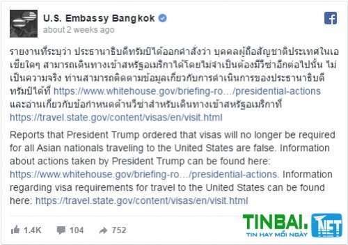 thông báo của nhà trắng về visa du lịch